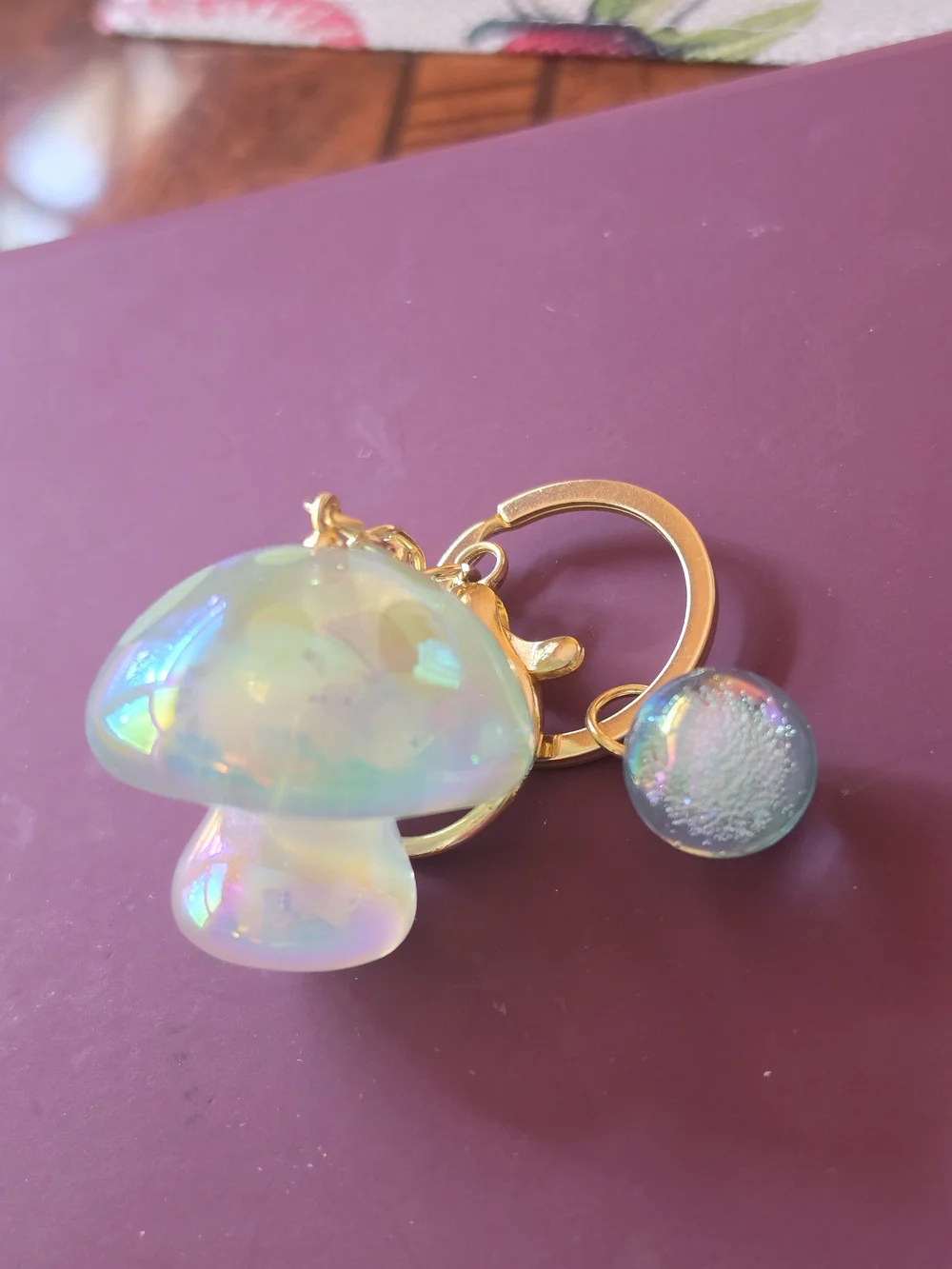 Iridescent Pink Mushroom Key & Purse Charm with Gold Hardware